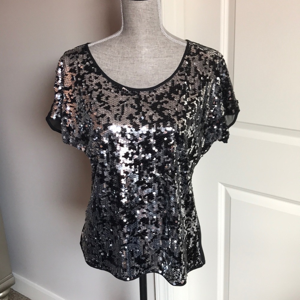 Express sequin top with sheer back